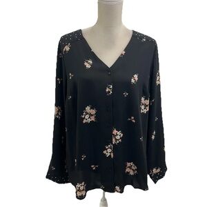 41 Hawthorn Black Floral Button Blouse Womens 1X Lightweight Long Sleeve NWOT